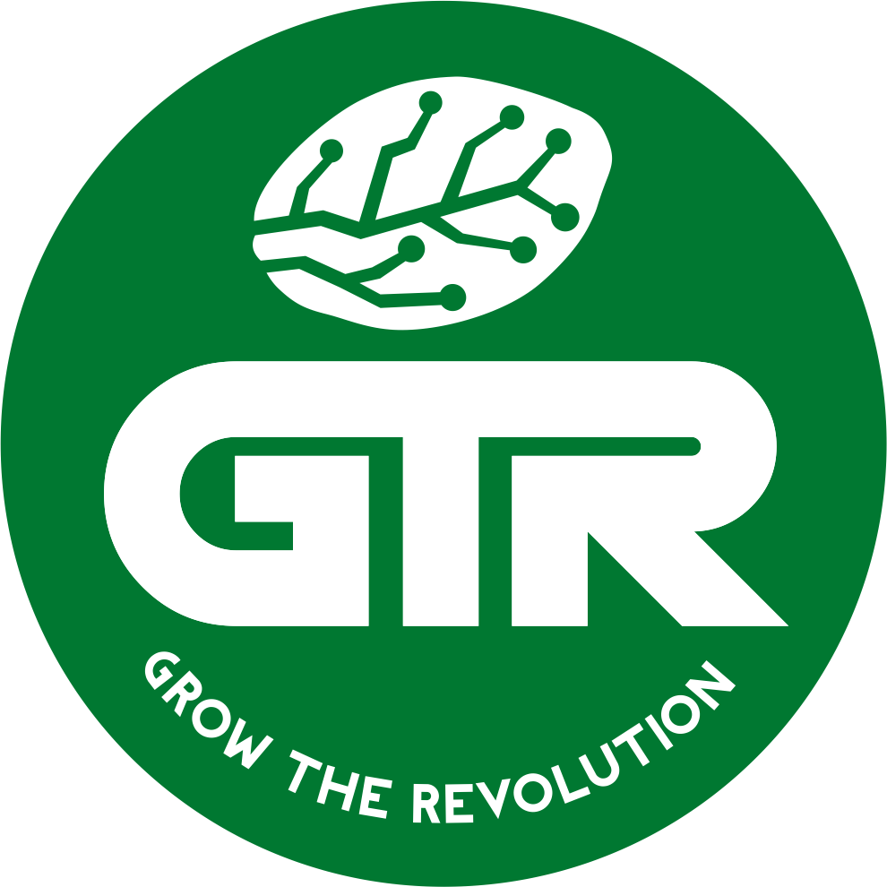 Green circle with a white seed, the letters GTR, and the words Grow the Revolution make up GTR Seeds logo.
